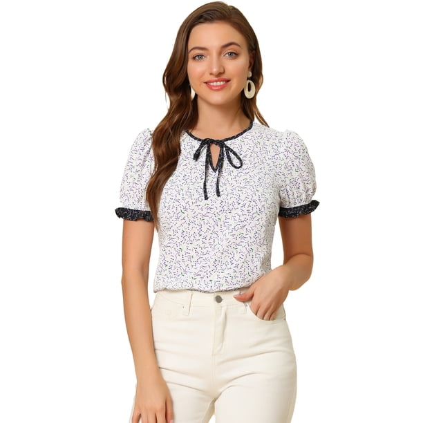 Blusa floral de manga corta Allegra K con cuello anudado para mujer blanco XS