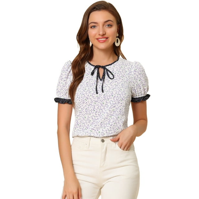 Blusa floral de manga corta Allegra K con cuello anudado para mujer blanco XS