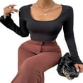 thumbnail image 2 of Women Solid Color Ribbed Square Neck Lettuce Hem Show Navel T-Shirts Spring Autumn Flare Long Sleeve Slim Crop Tops Black M, 2 of 6
