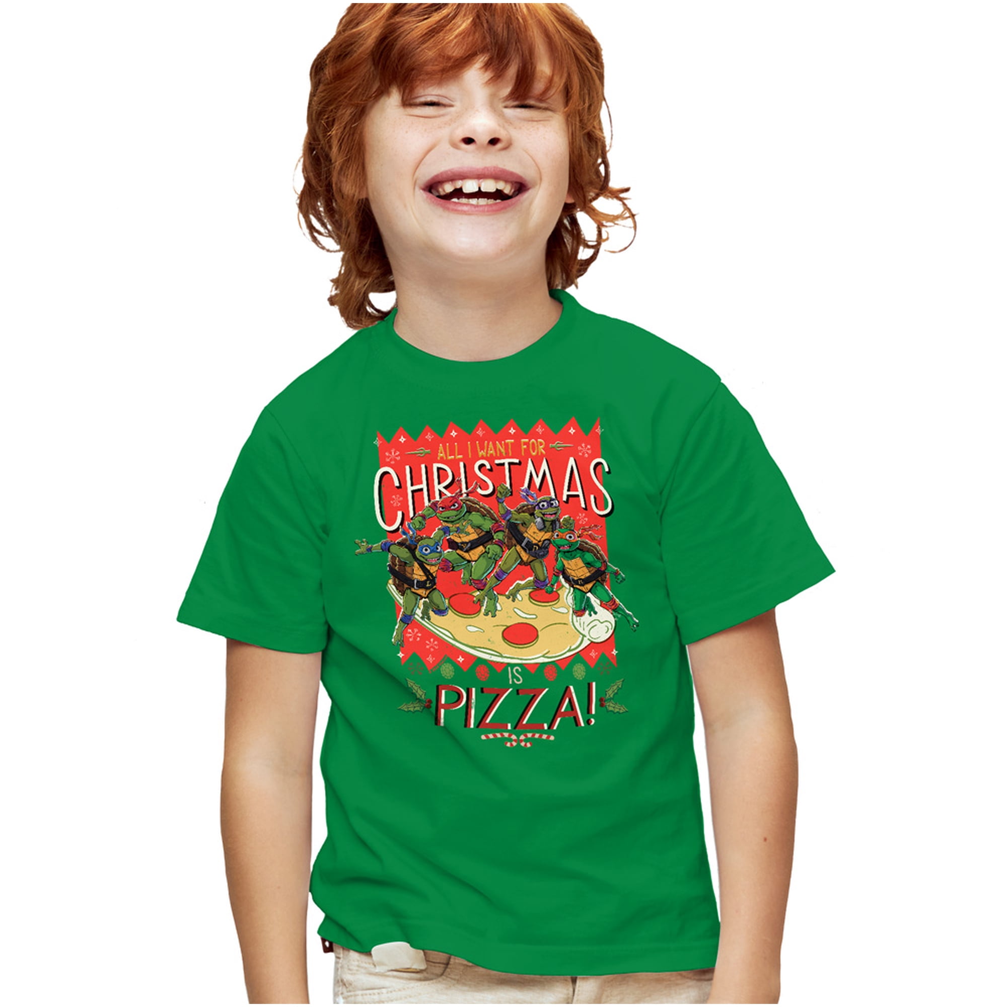TMNT: Mutant Mayhem All I Want For Christmas Is Pizza Kids T Shirt for Youth Boys and Girls, Kelly Green, Large