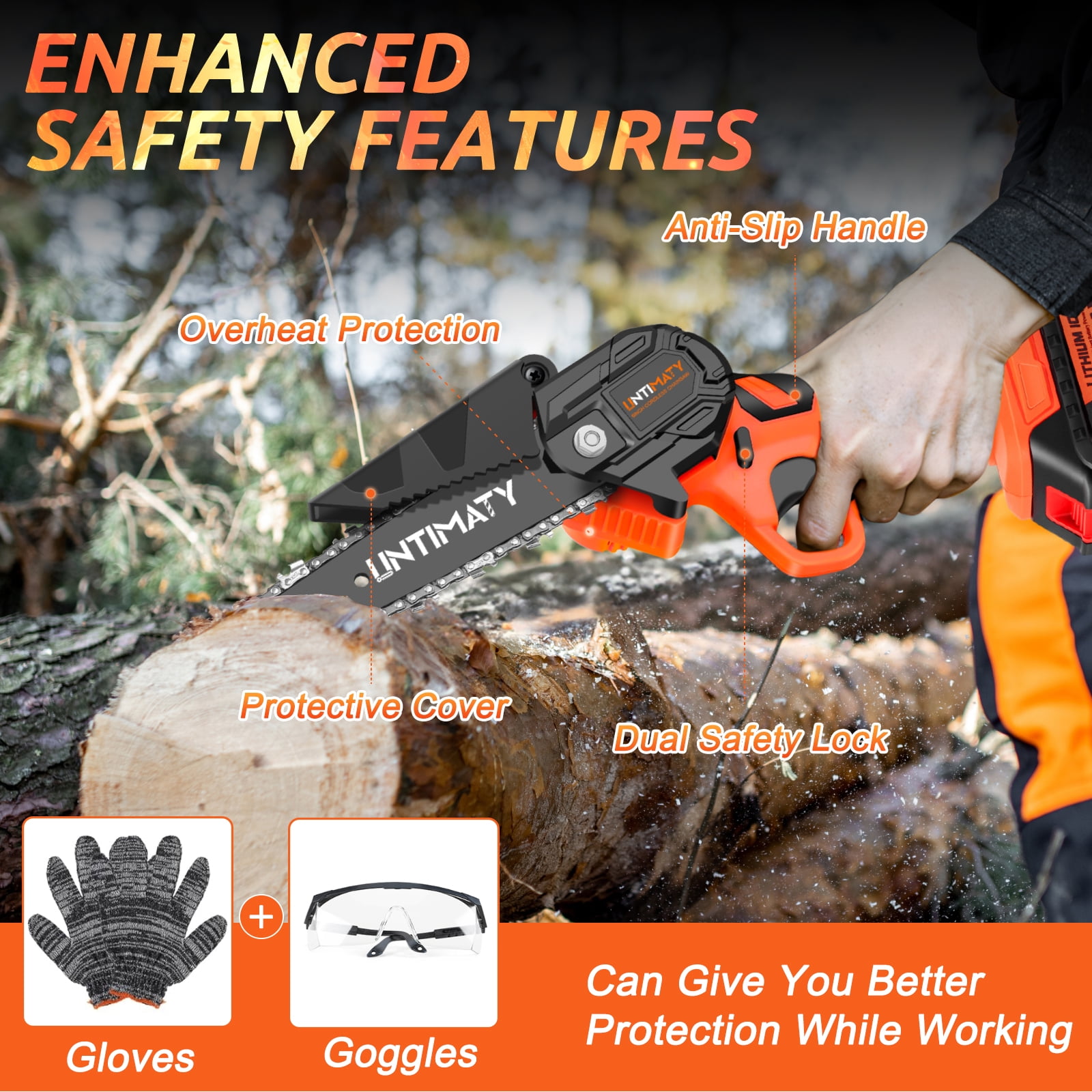UNTIMATY 6 inch Mini Chainsaw with 2 Batteries and Case Cordless Electric Handheld Chain Saw Battery Powered for Wood and Tree Branches, Orange