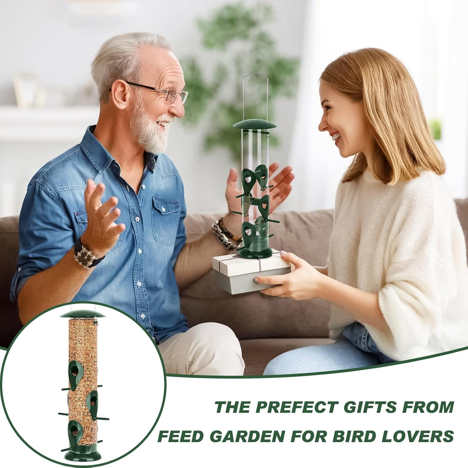 Metal Bird Feeder - 6 Port Tube for Outdoors, Heavy Duty Squirrel Proof with Lid, Easy Fill & Clean, Weather Resistant, 13 Inch