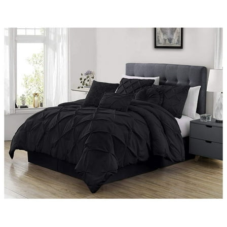 Sydney Extra Wide King Size Comforter Set - 7-Piece Pintuck Bedding - Black, Lightweight Pinch Pleat Comforter with Decorative Pillows Bed Set for All Season