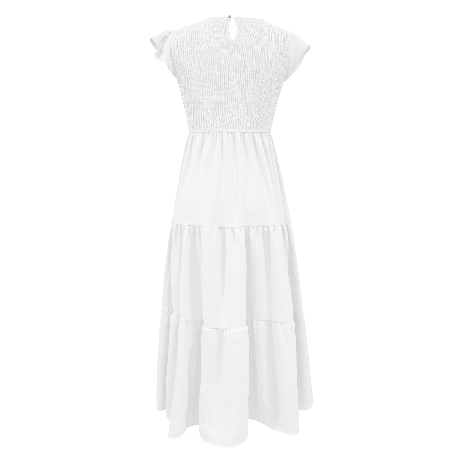 Womens Summer Casual Smocked Long Dress Flutter Ruffle Sleeve Crew Neck Elastic Waist Tiered Swing Midi Dress (Large, White)