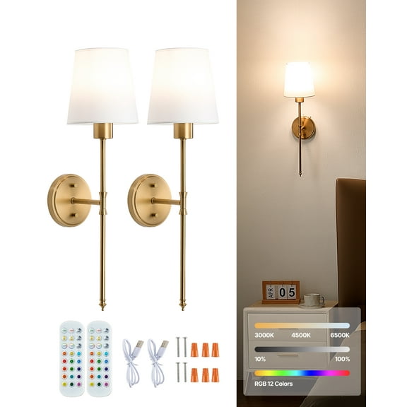 VEVOR Battery Operated Wall Sconce Set of 2, 4000mAh Rechargeable Wireless Wall Lights with Remote Control,30 Lighting Modes, 12 RGB Colors & Timer, Dimmable Wall Lamp for Living Room Bedroom Hallway