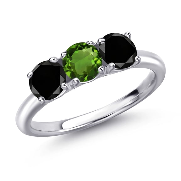 Gem Stone King 925 Sterling Silver Green Chrome Diopside and Black Diamond Engagement Ring for Women | 1.60 Cttw | Round 5MM | Gemstone Birthstone | Size 7