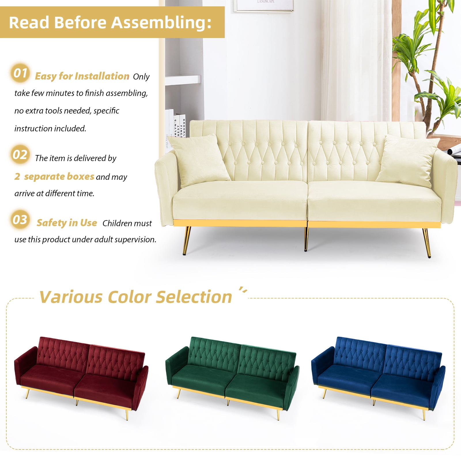 ACMEASE 70” Velvet Futon Sofa Bed with Adjustable Armrests and 2 Pillows, Convertible Futon Couch, Ginger