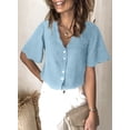 thumbnail image 4 of QWZNDZGR Womens Casual Solid Color Short Sleeve Shirt V Neck Button Down Blouses, 4 of 5