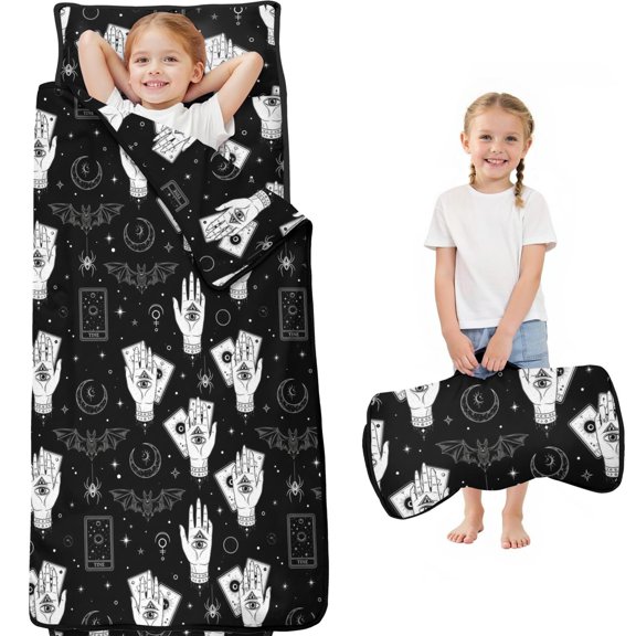 Hand and Bat Gothic Pattern Teens Toddler Nap Mat with Pillow, Sleeping Mat Bag for Preschool Daycare 59"x22"