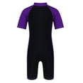 thumbnail image 3 of RUNQHUI Kids Boys One Piece Zip Swimsuit Short Sleeve Surfing Wetsuit UV Sun Protection Rash Guard Purple&Black 4, 3 of 6