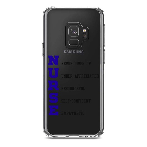 DistinctInk Clear Shockproof Hybrid Case for Samsung Galaxy S9 (5.8" Screen) - TPU Bumper Acrylic Back Tempered Glass Screen Protector - Nurse Never Gives Up