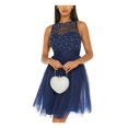 thumbnail image 3 of QUIZ Womens Navy Embellished Sleeveless Illusion Neckline Short Formal Fit + Flare Dress Juniors 8, 3 of 4