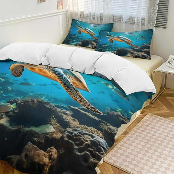 Nautical Green Sea Turtles Duvet Cover Set King Size for Bedroom Decoration Print Bedding Set Comforter Cover Decorative Microfiber with 2 Pillow Sham Multicolor