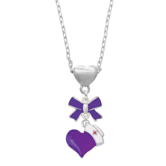 Delight Jewelry Silvertone Purple Heart with Nurse Hat Purple Bow Heart Necklace