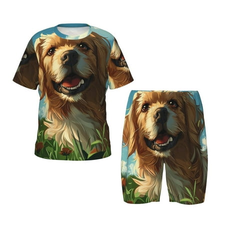 Giroia Happy Dog In Flower Field for Short-Sleeved Summer Pajama Set for Girls and Boys  Kid Pajama Set-X-Large