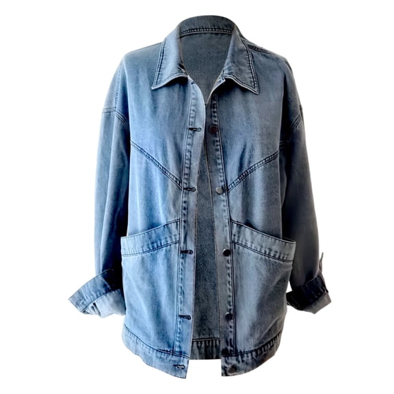 Distressed Light Blue Denim Jacket For Washed Oversized Trucker Coat With Lapel Collar And Side Pockets Casual Fall Outerwear Color Blue Size S