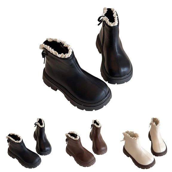 Dakaela 3-12Y Toddler Girls Ankle Boots Fashion Lace Leather Short Booties Little Kids Zipper Outdoor Chelsea Fall Winter Shoes Beige