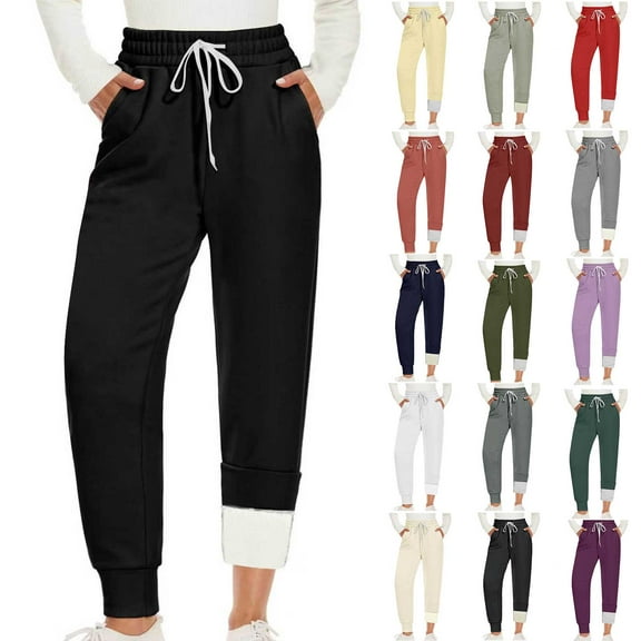 Horkkom Fleece Sweatpants Women Winter Fuzzy Joggers with Pockets Drawstring Casual Warm High Waisted Pants L