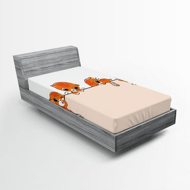 Ambesonne Cat Fitted Sheet, Banner with Little Kitties, Twin Size, Orange Cream White
