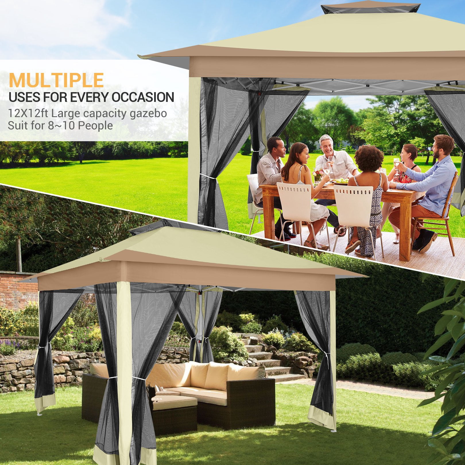 SANOPY 12'x12' Pop Up Gazebo Tent, Rainproof UV Resistant Double Eaves Gazebo with Removable Mosquito Net Sidewalls, Carry Bag, Gazebo Canopy for Camping, Garden, Lawn