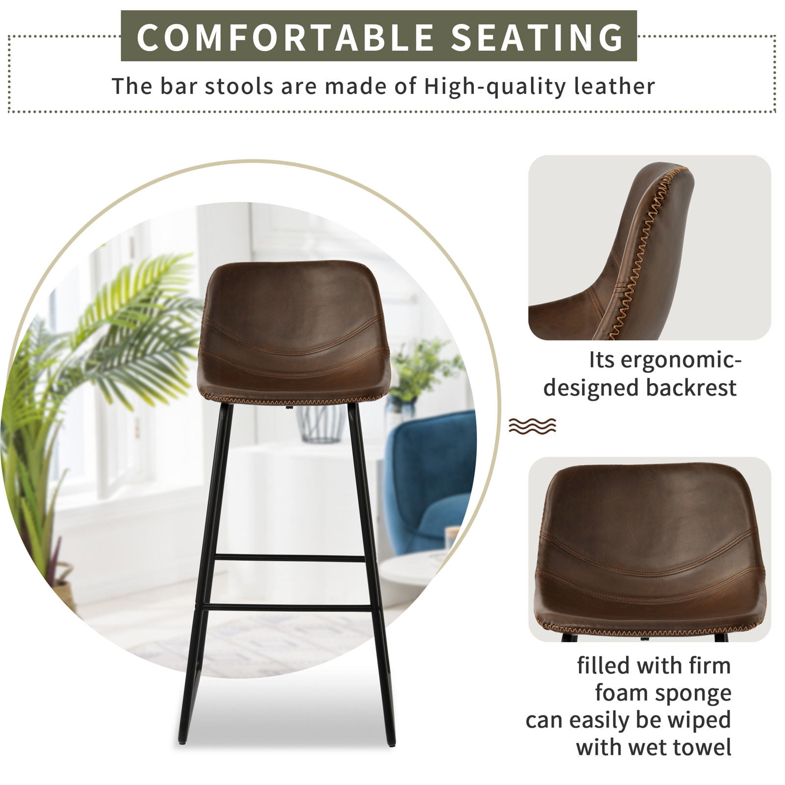 Details about   Set of 2 Brown PU Leather Bar Stool with Back and Footrest for Pub Home 