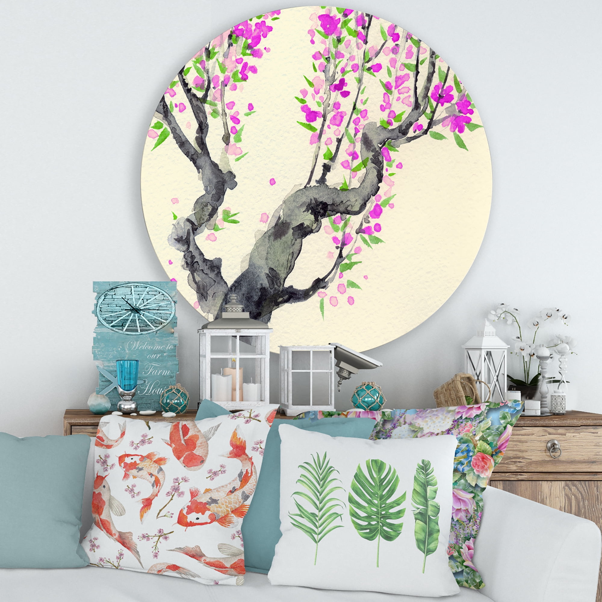 Designart 'The Japanese Tree With Purple Flowers On' Traditional Circle Metal Wall Art 36x36 - Disc of 36