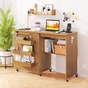 Costway Folding Sewing Machine Table Lockable Casters Rack with 3 Storage Bins & Power Outlets Natural