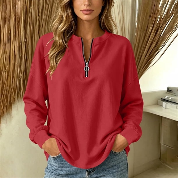 Neewe Women's Plain Long Sleeve Top Fall 1/4 Zipper Tops Loose Ladies Casual Fashionable Top Pullover