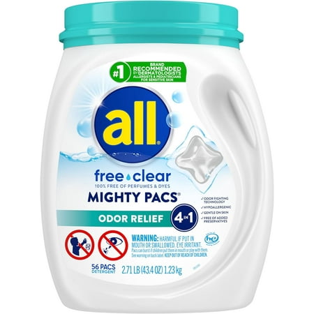 All Mighty Pacs Laundry Detergent Free Clear Odor Relief, Tub, 56 Count
