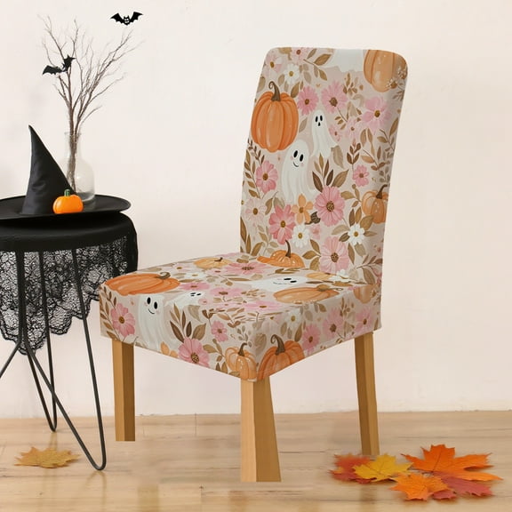 Stretch Halloween Chair Cover - Spooky Print Elastic Seat Slipcover Universal Fit Dining Office Chair Protector Washable Decor(Beige)