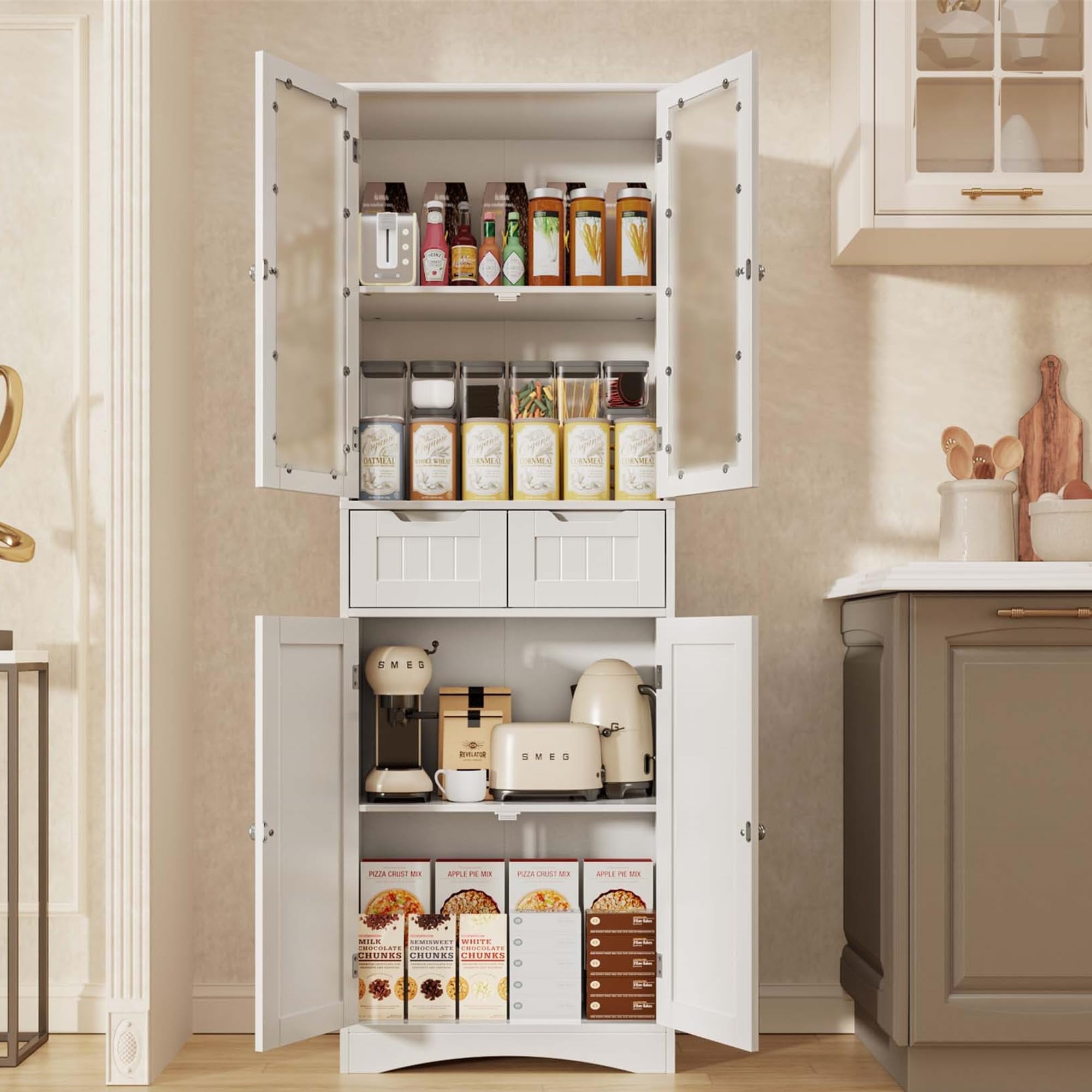 67 Kitchen Pantry Storage Cabinet with Glass Door Shelves 2 Drawers White