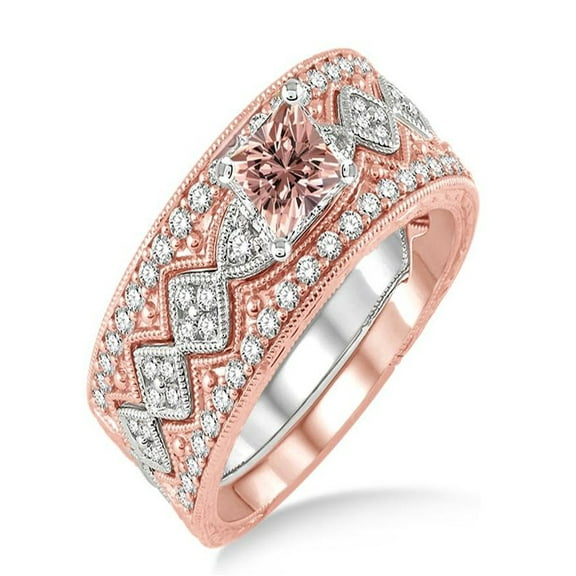 2 Carat Morganite & Diamond Antique Trio Bridal Set Engagement Ring on 10k White Gold