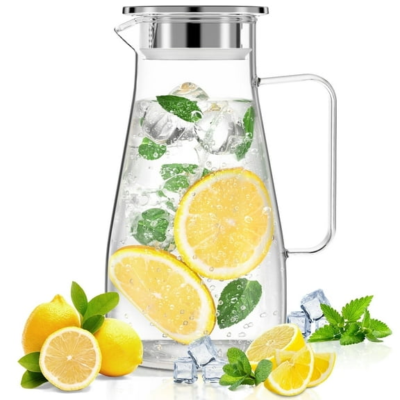 64 oz Water Pitcher with Lid and Spout, 1.8L Heat & Cold Resistant Glass Water Carafe with Handle, Easy to Clean Thickened Borosilicate Glass Jug for Cold and Hot Beverage