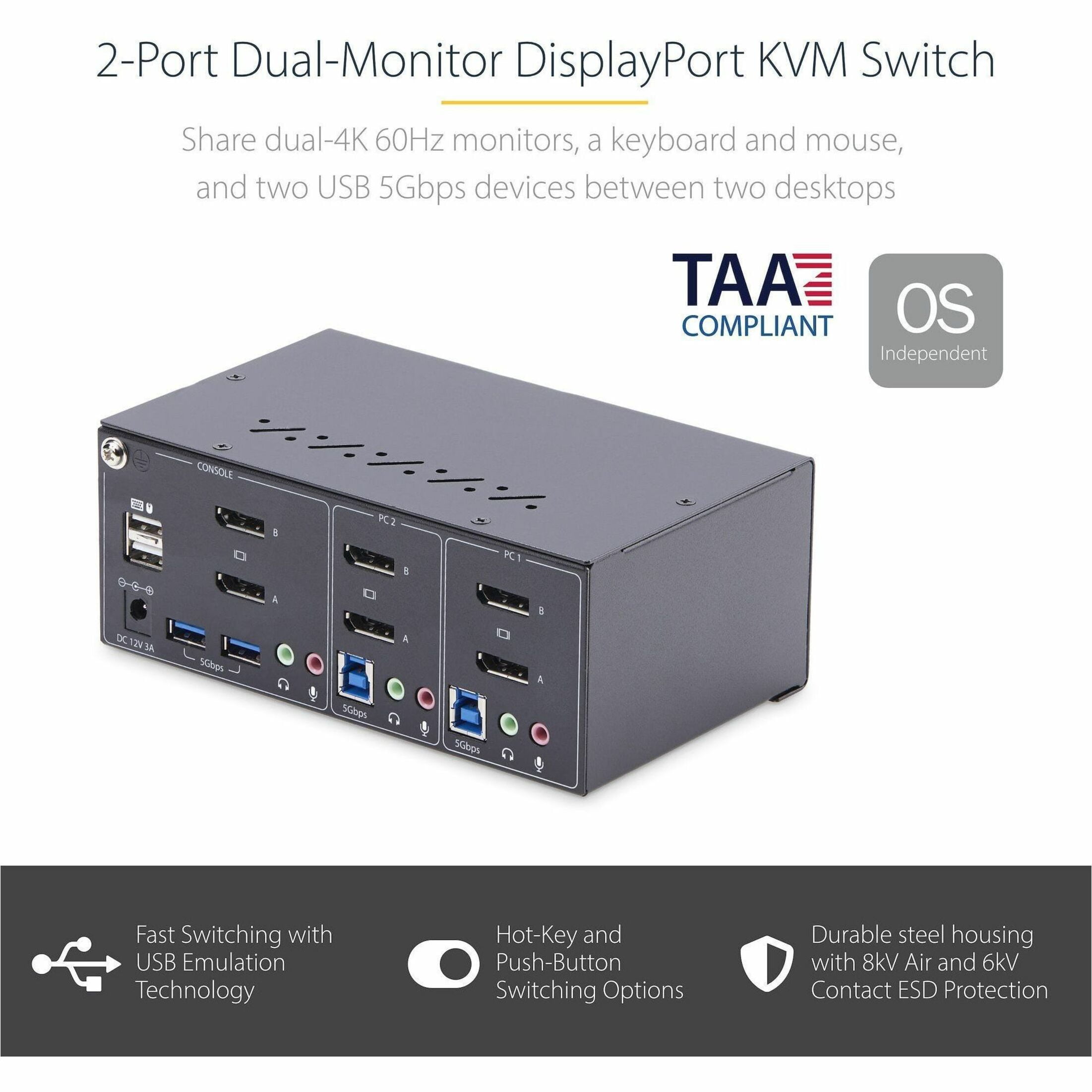 StarTech.com 2-Port Dual-Monitor DisplayPort KVM Switch, Black