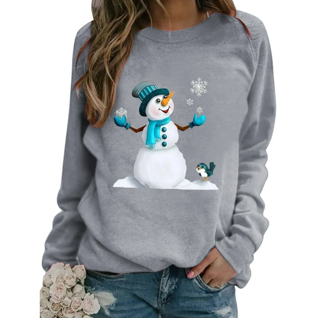 Avamo Femmes Sweat-Shirt de Noël Col Rond T-shirt Santa Claus Imprimé Pull Casual Tops Sport Gris S