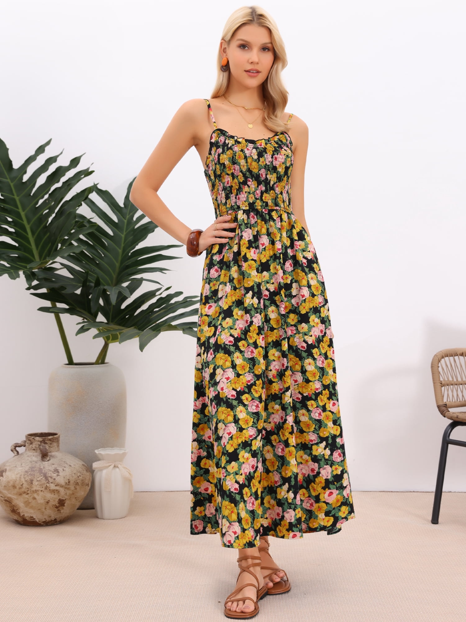 DARING DIVA Women's Boho Floral Maxi Spaghetti Strap V-Neck Sundress XS Black Yellow