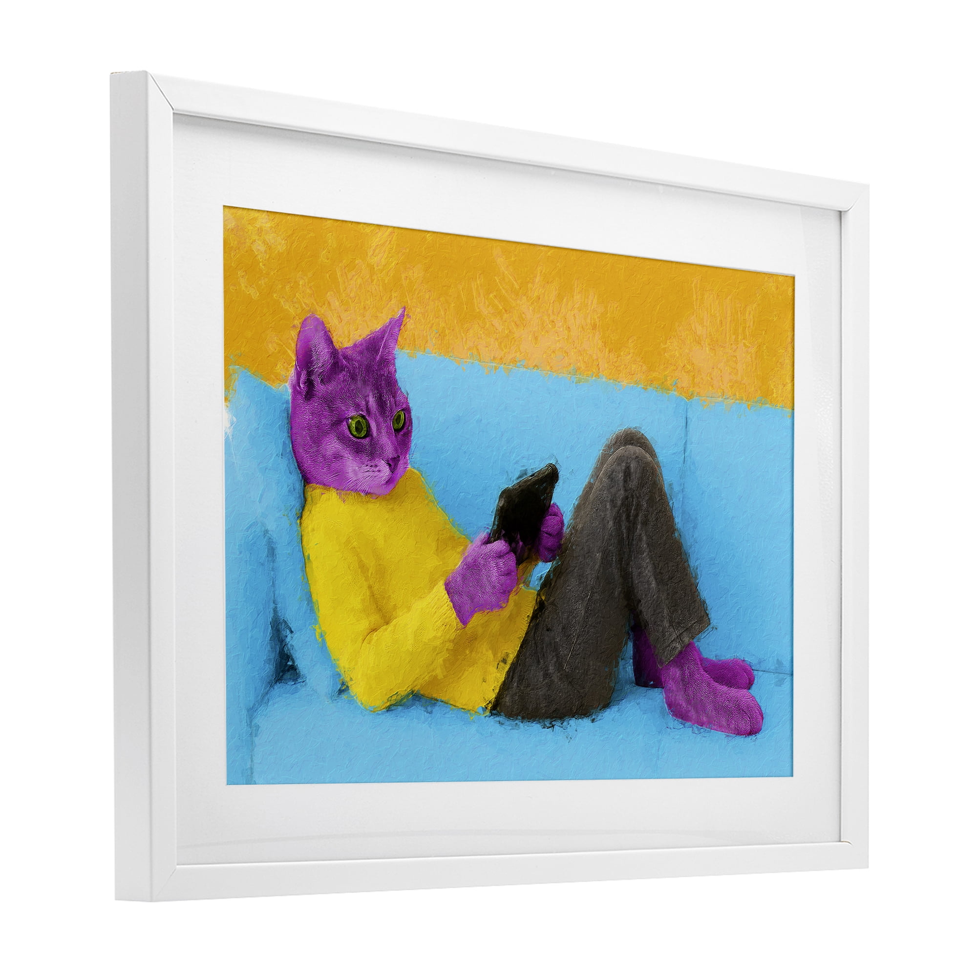Stupell Industries Vibrant Cat Playing Game White Framed Print Under Glass, design by Sean Parnell