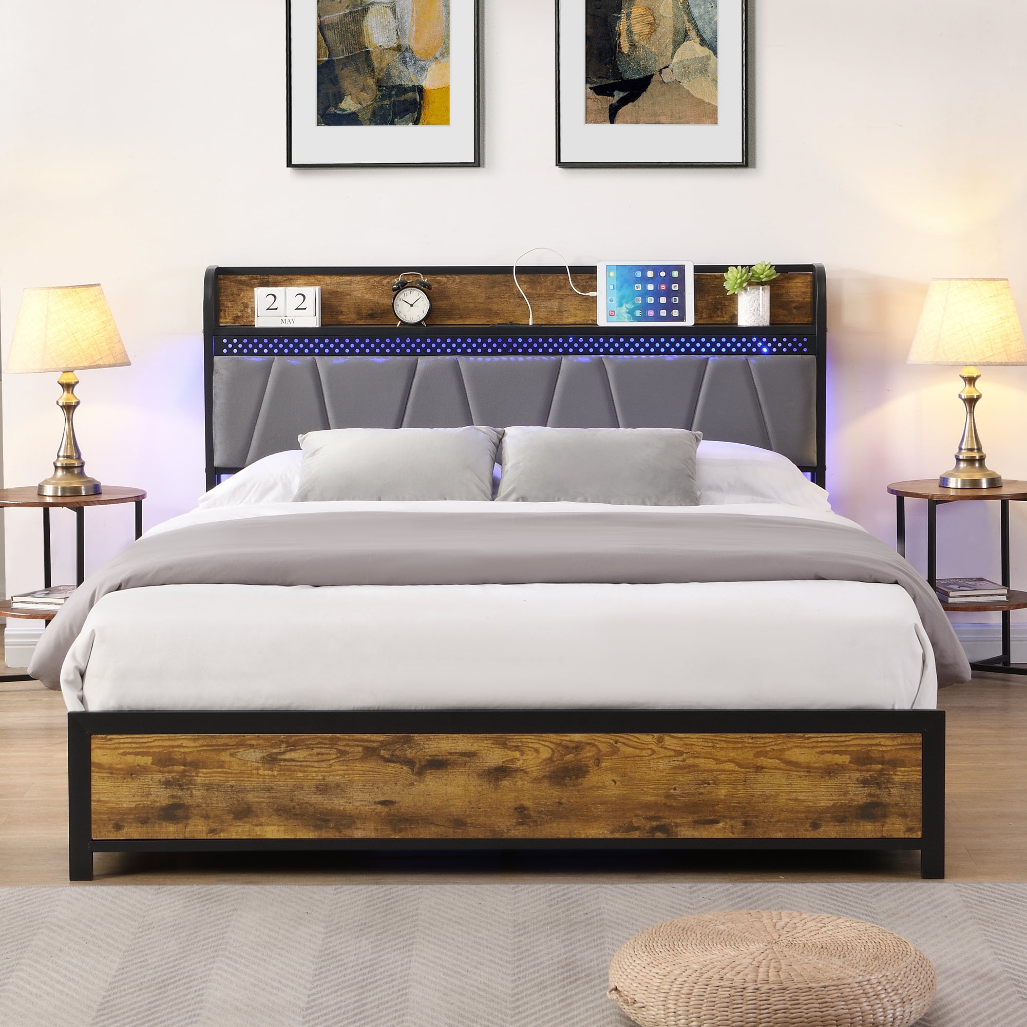Leumius Full Size Bed Frame with LED Lights, Industrial Platform Bed with Charging Station & 4 Storage Drawers, Full