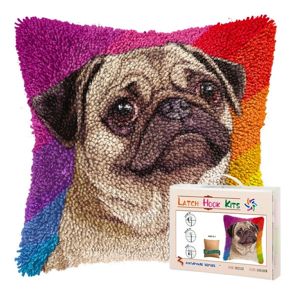 DIY Latch Hook Pillow Kits for Adults Pug Dog with Rainbow Background Printed Pillowcase Crochet Yarns Hooking Handmade Pillow Cover Cushion for Home Sofa Decoration 17x17inch-1
