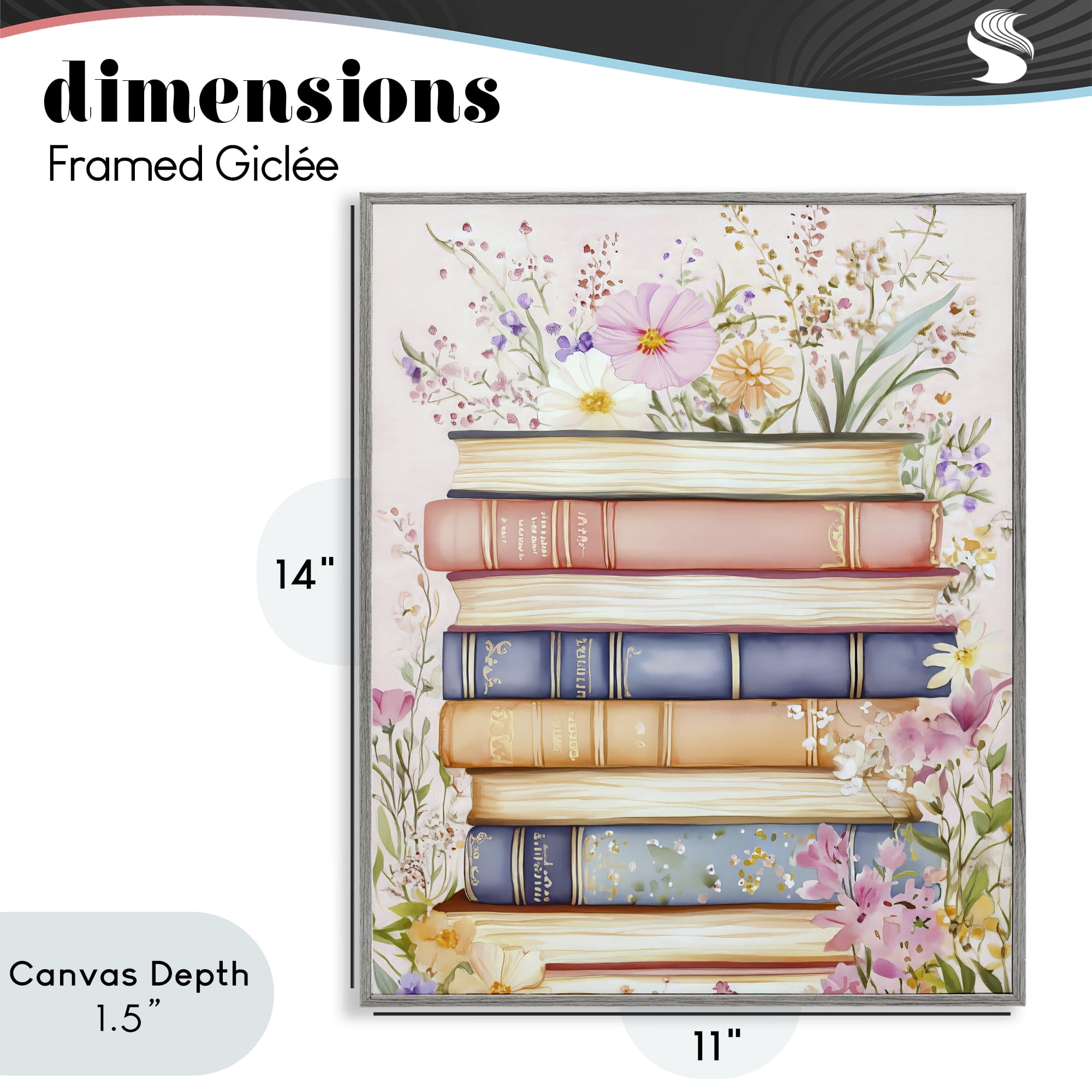 Stupell Industries Blooming Bookstack in Pastels Gray Framed Giclee Art, design by LSR Design Studio