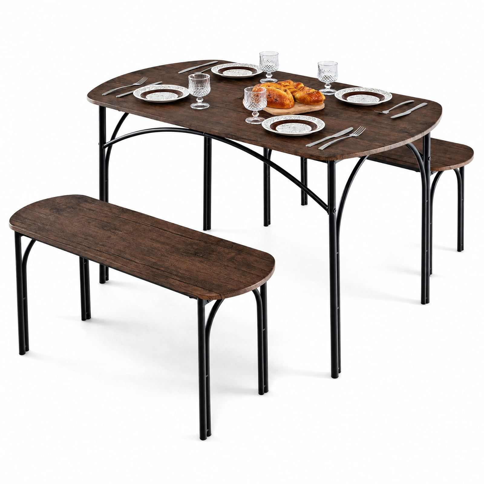 Furnibear 3 Piece Rectangular Dining Table Set for 4 with 2 Benches and Powder Coated Metal Frame for Kitchen and Apartment, Brown