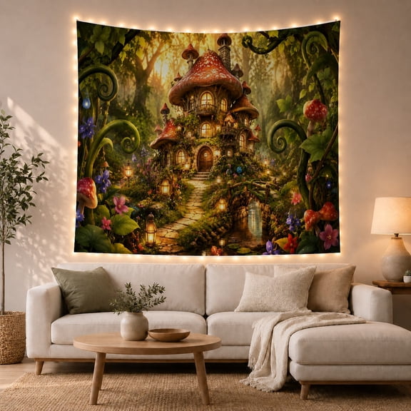 Mushroom Cottage with Ferns in a Woodland Scene, Whimsical Fantasy Illustration for Nature Lovers, Enchanted Forest Wall Decor, Housewarming Gift Tapestry Wall Hanging for Bedroom and Living Room