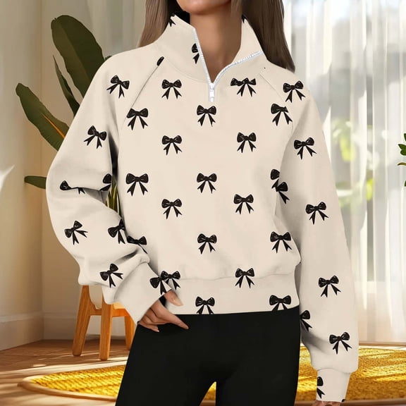 Tops for Women Printed Long Sleeve Turdown Collar Zipper Round Neck Hoodless Sweatshirts Loose Sweatshirts Womens Blouse Plus Size Khaki XXL