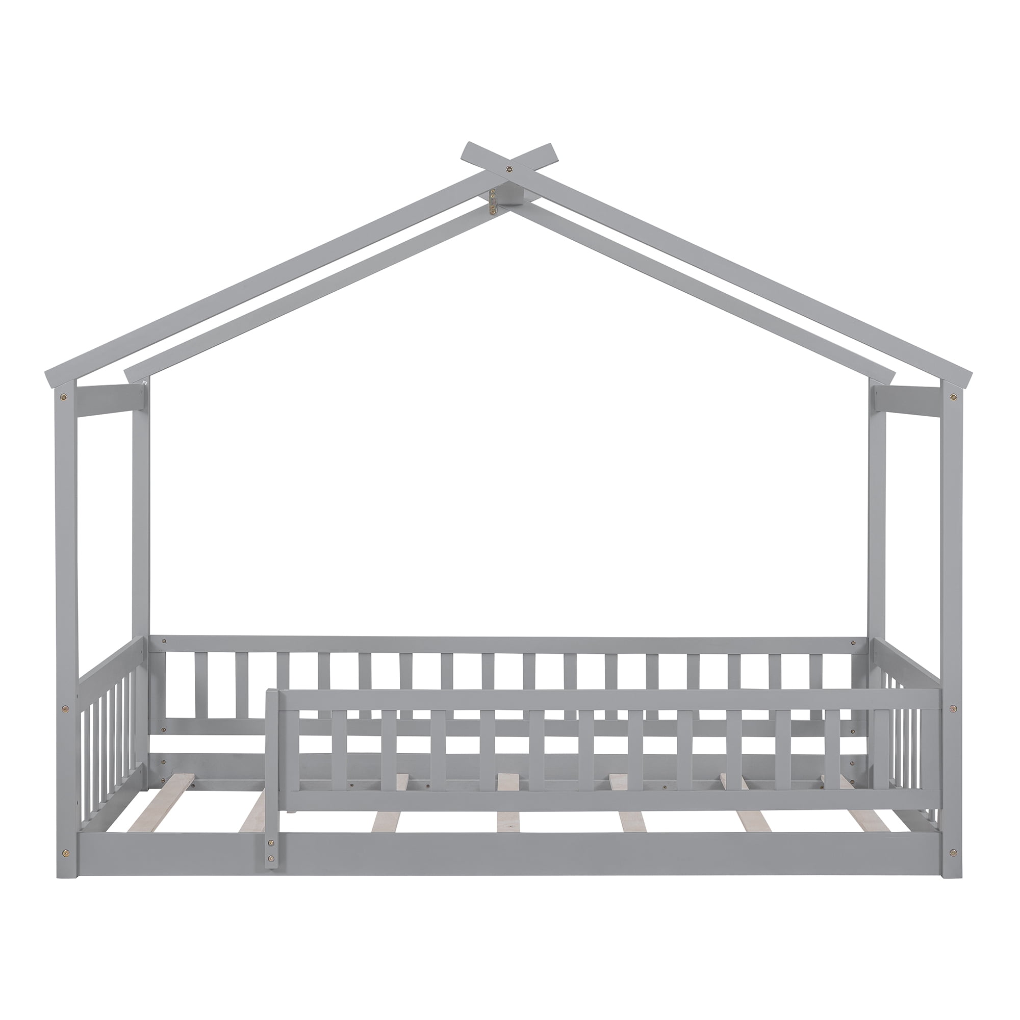 Harper & Bright Designs Twin Size Wood Floor Bed Frame, Twin House-Shaped Bed Daybed with Fence for Girls Boys, Gray