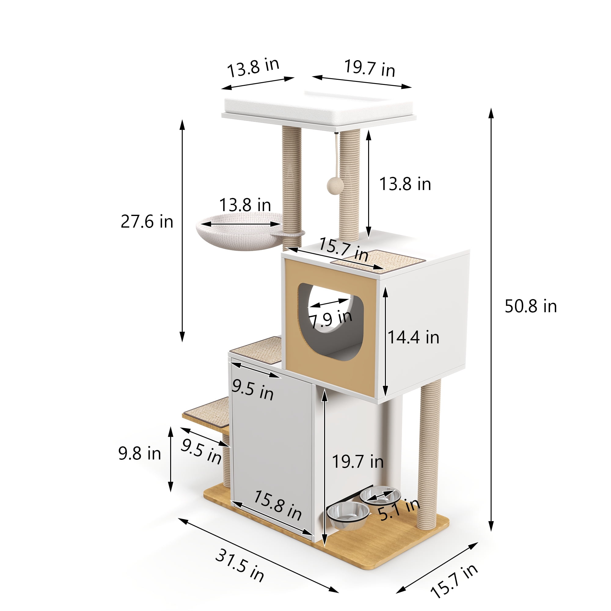 Pefilos 50" Wood Cat Tree Tower Multi-Level Cat Condo with Sisal Scratching Post for Indoor Kitten Activity Centre Furniture, White Pefilos 50" Wood Cat Tree Tower Multi-Level Cat Condo with Sisal Scratching Post for Indoor Kitten Activity Centre Furniture, White