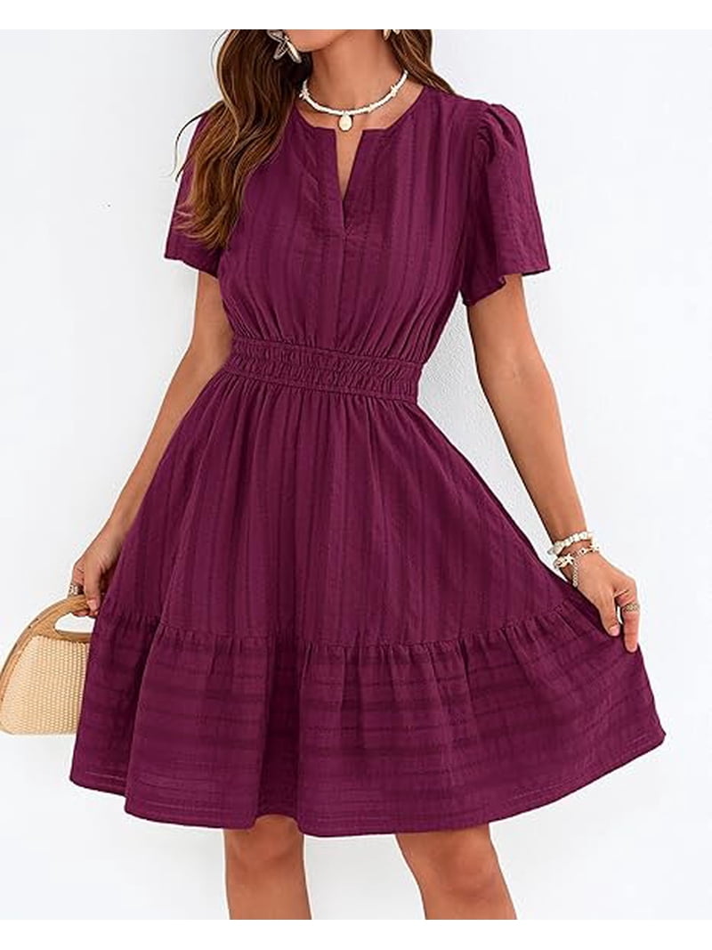 BTFBM Womens Spring Casual Mini Dresses Lightweight Short Sleeve V Neck Elastic Waist Cute Boho Beach Dress Pockets