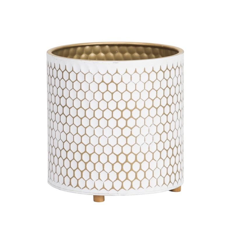 Honeycomb Metal Planter Pot With Peg Base - White & Gold - 10.75"H x 10.25"W