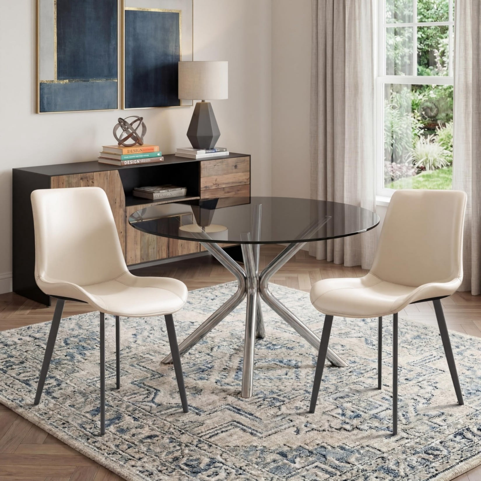 Dining Chairs Set of 4, Cream White PU Leather Upholstered Kitchen Dining Chairs with Carbon Steel Legs, Modern Armless Accent Chairs for Dining Room, Kitchen, Restaurant & Meeting Room