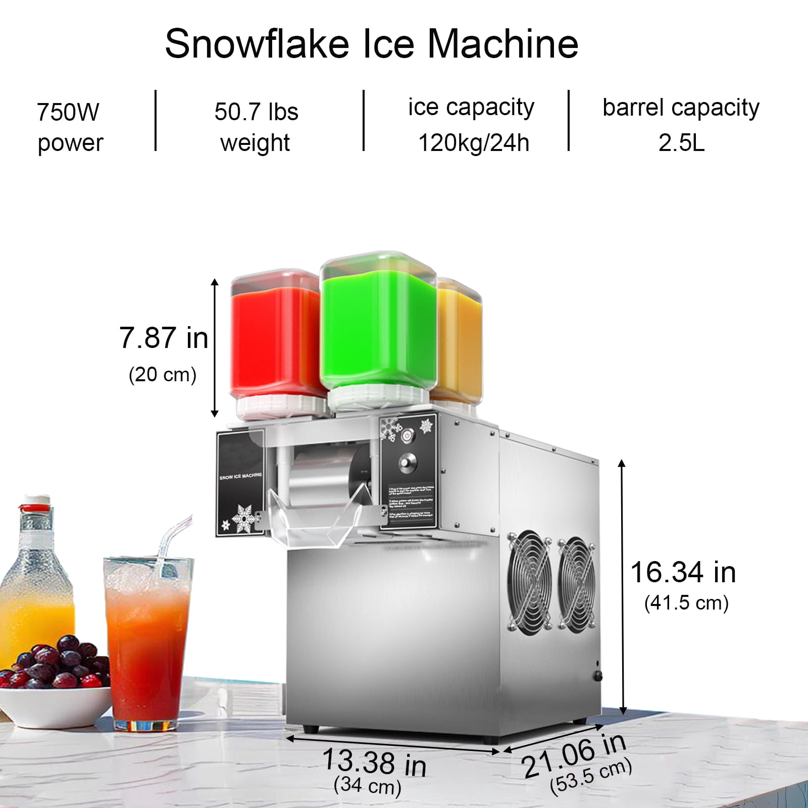 Commercial Snowflake Ice Machine, 750W Speed Adjustable Snow Cone Maker, Shaved Ice Machine with Heat Dissipation Fans, Four 2.5-liter Barrels (265 Lbs / 24Hours)