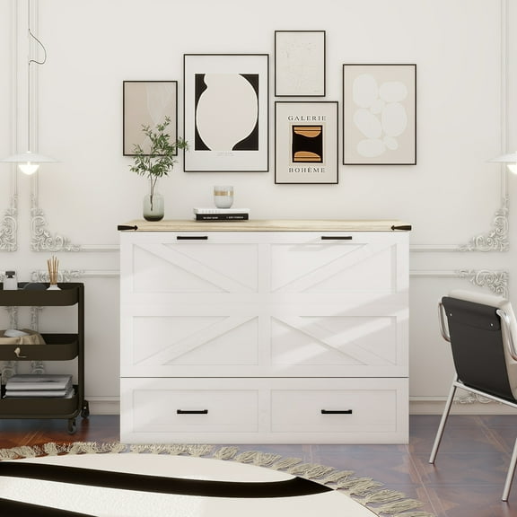 Full Size Farmhouse Murphy Cabinet Bed with Charging Station, Foldable Platform Bed with Large Storage Drawer for Guest-Room, Small Bedroom, White